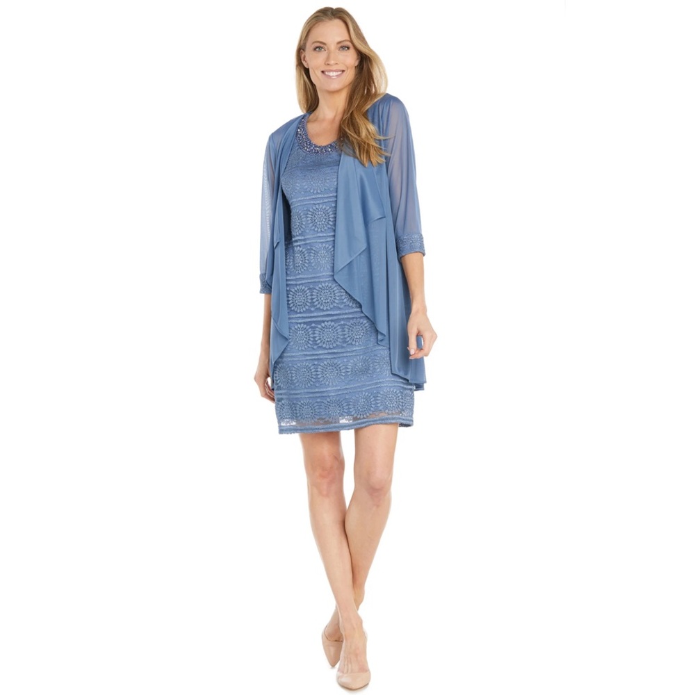 R&M Richards Glitter Patterned Jacket Dress with Pearl Embellished Neckline